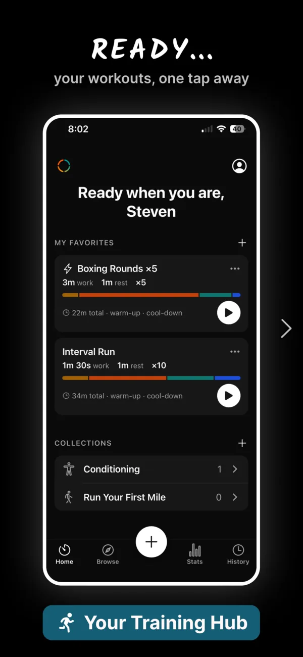 Phase home screen with favorite workouts and collections